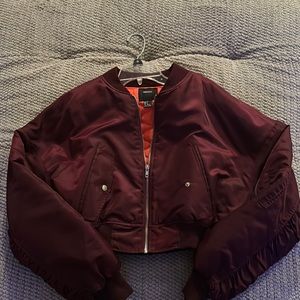 Forever 21 Burgundy Crop Bomber Jacket w/ Orange Interior